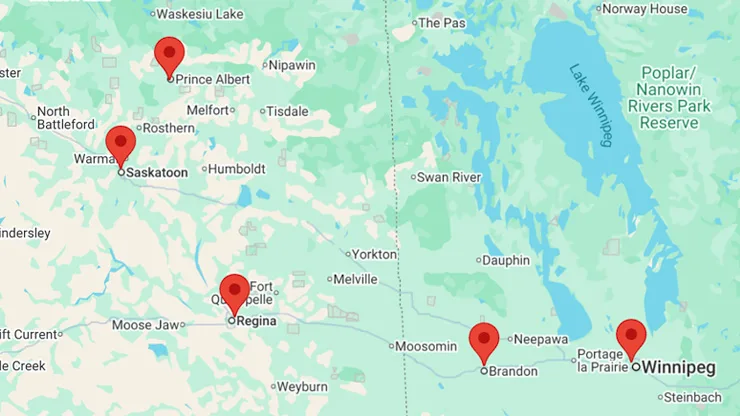 80830 map showing dealer locations across Manitoba and Saskatchewan including Prince Albert, Saskatoon, Regina, Brandon
